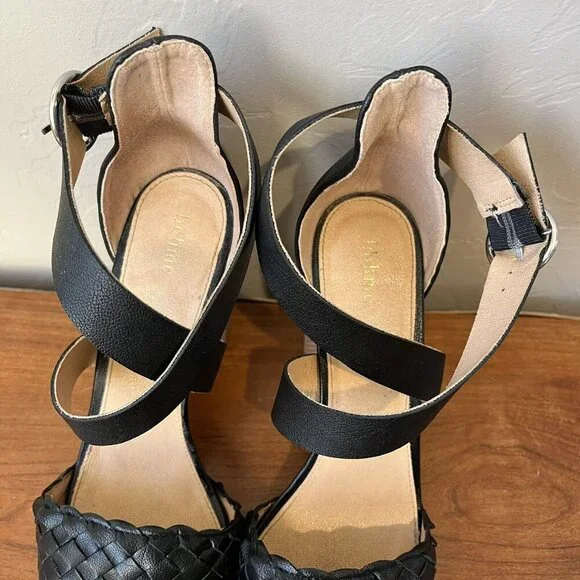 Bohme Zoey Black Heel Woven Boho 8.5 Pointed Strappy Leather Chunky Criss Cross - Picture 3 of 7